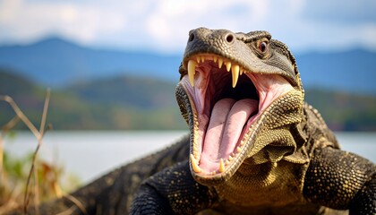 Obraz premium Komodo Dragon's Intense Hiss Captured in Detailed Wildlife Photography