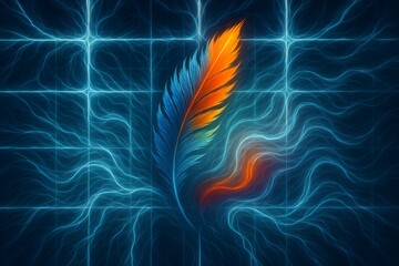 "Electric Feather with Glowing Energy Grid &ndash; Futuristic Digital Art Design"