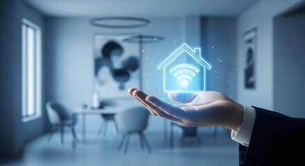 Hand holding glowing house with wifi symbol representing smart home technology