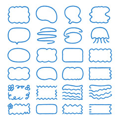 Collection of hand-drawn blue speech bubbles and decorative frames.