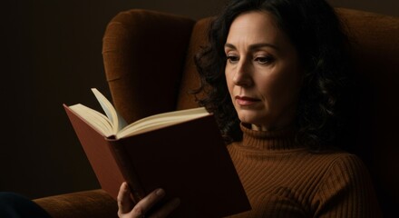 A captivating portrait of a woman engrossed in reading a book in soft light