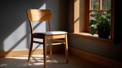 Elegant Chair Positioned in Sunlit Room with Large Window Framing Lush Green Plant Creating a Serene and Inviting Atmosphere for Relaxation