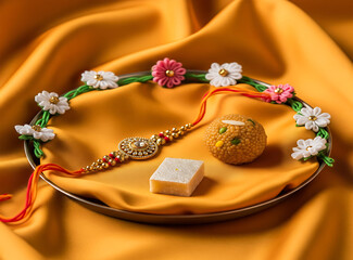 Minimal Rakhi Thali with Indian Sweets on Festive Yellow Silk Background