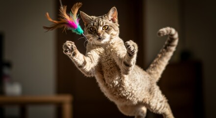 Playful Selkirk Rex cat mid-air pouncing on a feather toy indoors