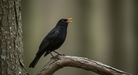 A captivating image of a blackbird singing melodiously in its natural habitat on a tree branch, displaying its beauty