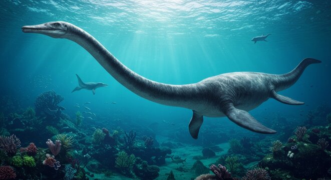 Majestic plesiosaur swimming gracefully in a vibrant underwater ecosystem