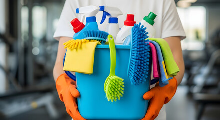 Person in orange gloves holding a bright blue bucket filled with cleaning supplies