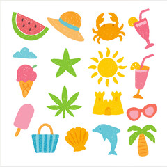 A collection of summer themed crayon-style illustrations including watermelon, hat, crab, cocktail, ice cream, starfish, sun, leaf, sandcastle, sunglasses, and more.