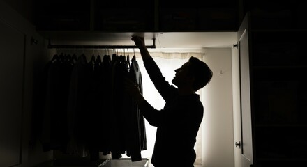 Silhouette of a man choosing clothes in a dark closet, representing daily life activities and personal style and choices