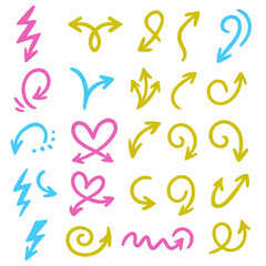 Fototapeta premium Collection of hand-drawn arrows in various styles and colors, including curved, looped, forked, and lightning bolt shapes, pointing in different directions.