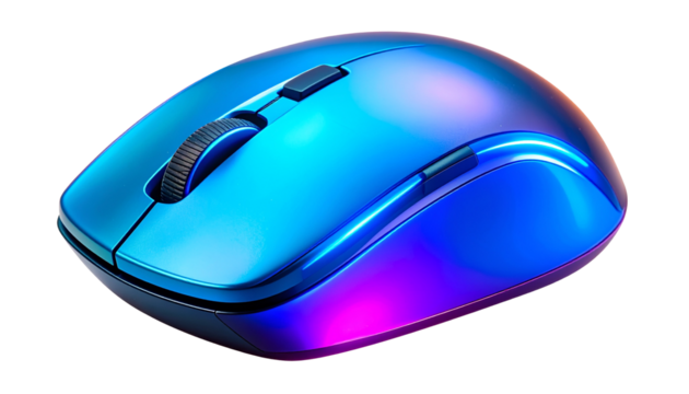 Computer mouse with a sleek ergonomic design, scroll wheel, and clickable buttons. Isolated on a transparent PNG background.