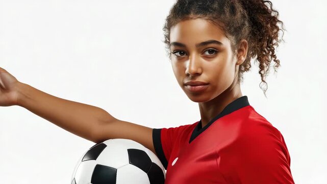 Young woman wearing red jersey, holding soccer ball.