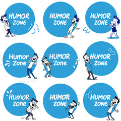 Set of icons with cartoon characters expressing joy inside circular blue icons with "Humor Zone" text