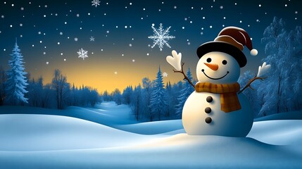 Fototapeta premium Cheerful Snowman in Winter Wonderland Surrounded by Snowflakes at Sunset