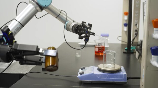 Independent robot arm in the laboratory working with chemical powder, mixing.