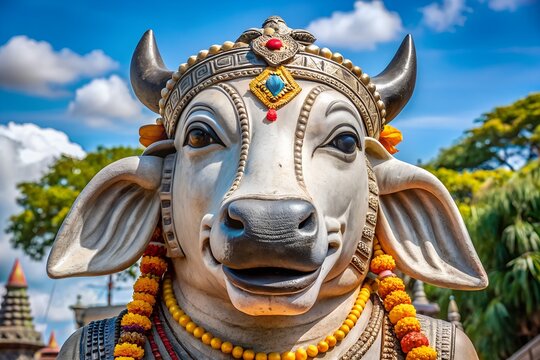 Majestic stone sculpture of nandi bull adorned with flowers and ornate headdress
