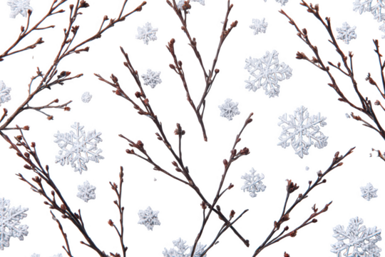 Bare winter branches with delicate snowflakes isolated on transparent background
