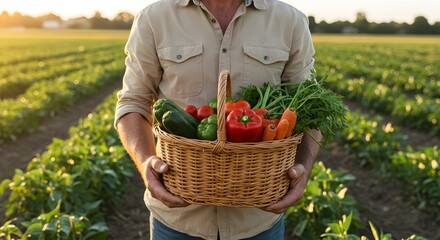 Fototapeta premium Farmer holding a basket of fresh vegetables in a field