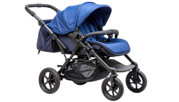 Baby jogging stroller with three large wheels, safety harness, and padded seat, designed for stability and comfort during outdoor movement. isolated on a transparent PNG background