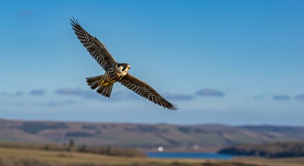 Fototapeta premium Agile Amur Falcon gliding effortlessly through the boundless azure heavens