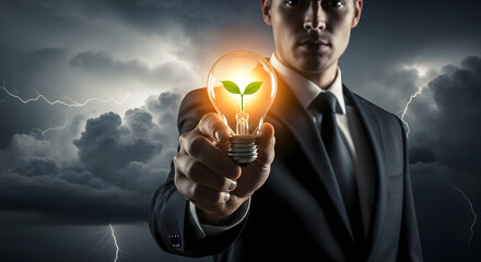 Businessman holding a glowing light bulb with a green sprout against a stormy sky