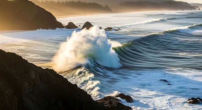 Dramatic coastal scene with powerful ocean waves crashing against rugged cliffs coast - Powered by Adobe
