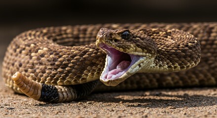 Fototapeta premium Close-up portrait of a venomous rattlesnake displaying its fangs and distinctive rattle in a threatening posture outdoors