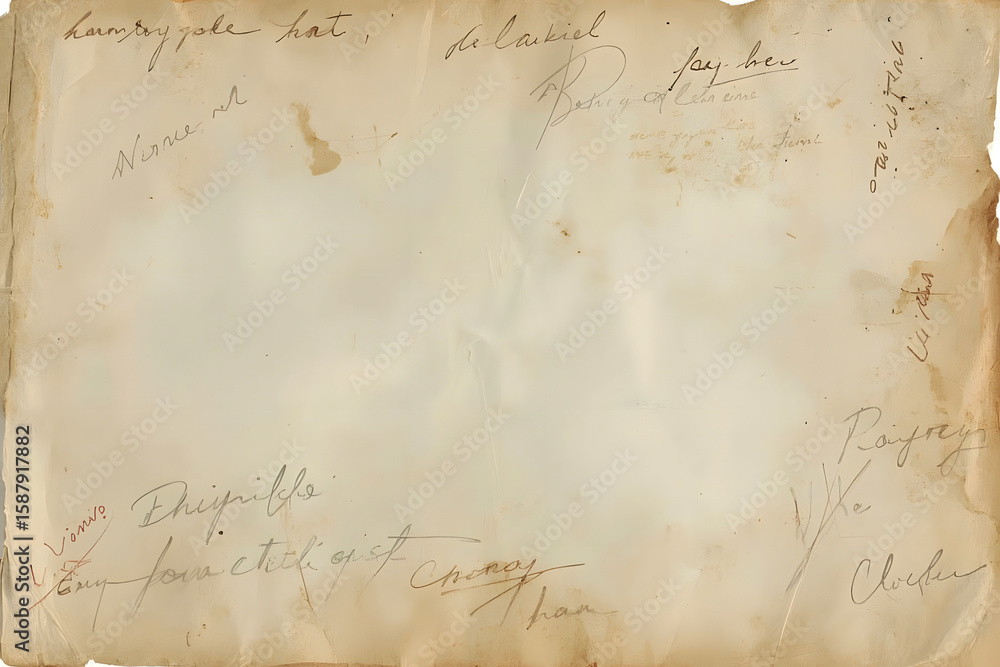 Fototapete Old paper texture with age marks and handwriting notes isolated on white background