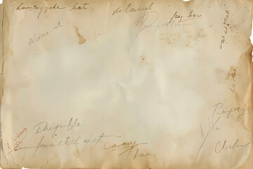 Old paper texture with age marks and handwriting notes isolated on white background