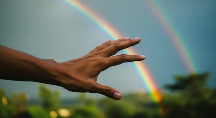 Reaching for hope a hand extends towards a vibrant double rainbow after the storm