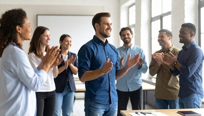 Diverse group applauding in modern office celebrating successful collaboration