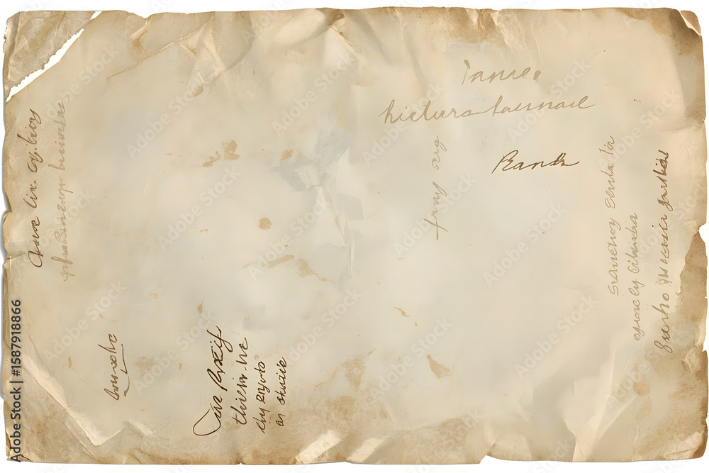 Aufkleber old paper texture with age marks and handwriting notes isolated on white background