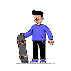 Boy smiling while holding skateboard in casual outfit  