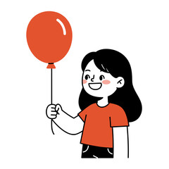 Girl holding a red balloon and smiling while wearing a red shirt  