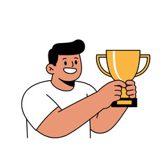 Young man celebrating victory while holding golden trophy  