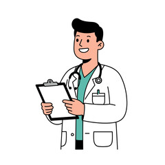 Doctor holding clipboard and smiling in medical uniform  