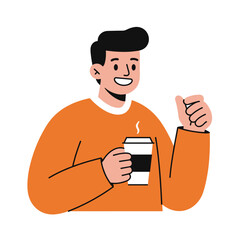 Young man smiling while holding disposable coffee cup and giving thumbs up  