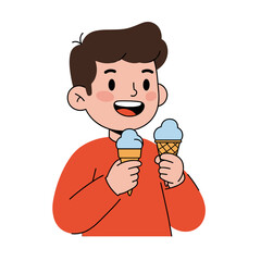 Young boy smiling while holding two ice cream cones  
