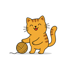 Happy orange cat playing with a ball of yarn  