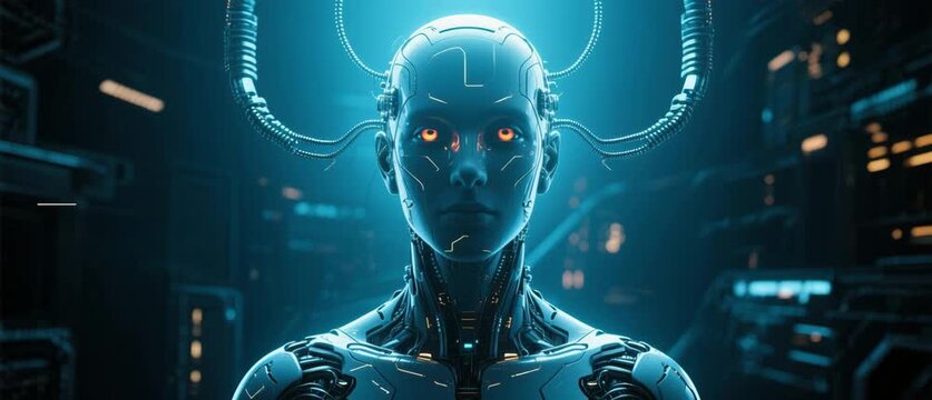 Gazing Android in Futuristic Laboratory &ndash; Digital Illustration of Cybernetic Organism with Glowing Eyes in Sci-Fi Setting