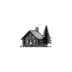 Simple, stylized log cabin with evergreen tree