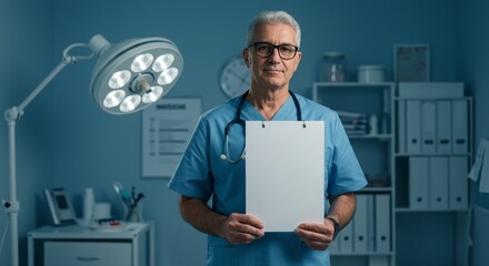 Experienced medical professional holding a blank clipboard in clinic setting