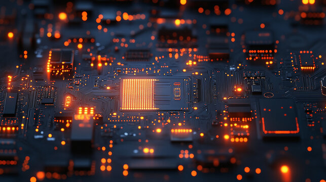 neon colored circuit board pattern and electronics. Abstract digital data background