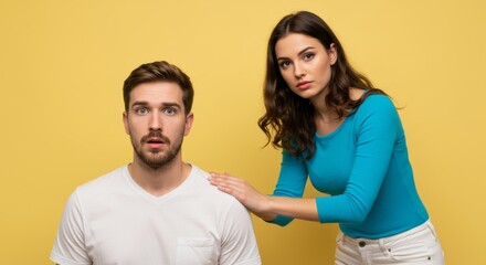 Distressed man with supportive woman consoling him on vibrant yellow backdrop