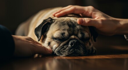 Peaceful slumber, hands gently caressing a sleeping pug in warm light