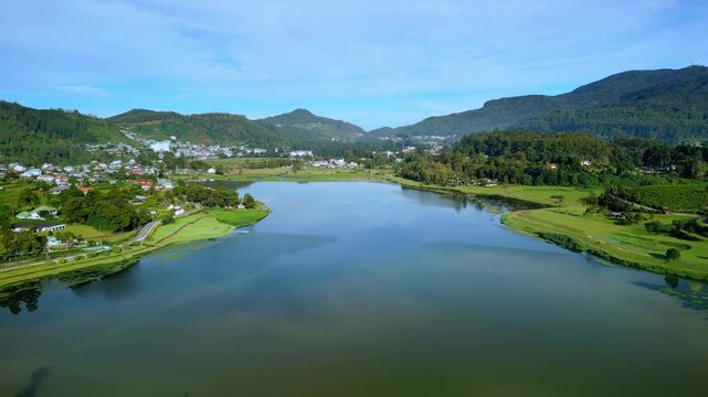 Drone Shot Of Lake Gregory And Scenic Mountain Town On A Clear Day