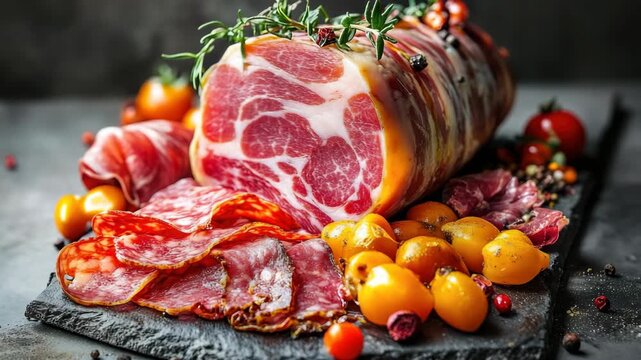 Colorful assortment of meats on a dark board, garnished with herbs and peppers.