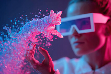 Person wearing neon VR glasses gazes intently at a digital cat in a colorful virtual environment
