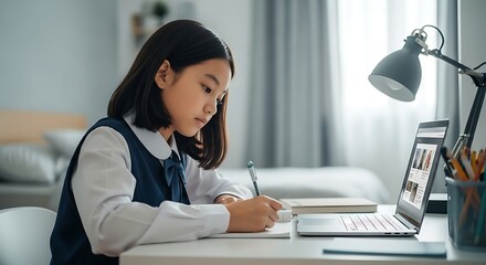 Diligent student engrossed in online learning and traditional note-taking methods