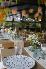 Beautiful details of the flower decorations at a wedding's reception. 